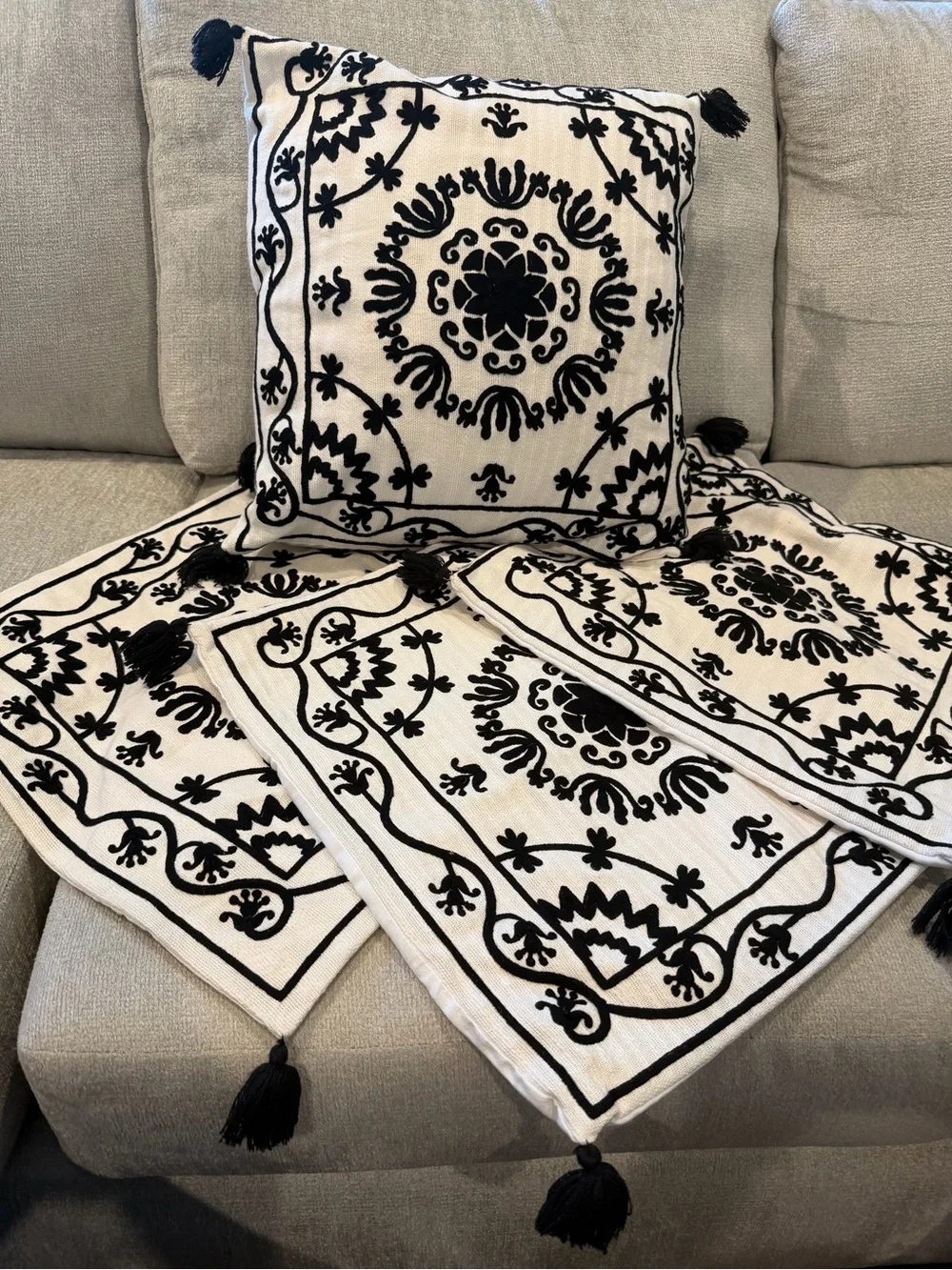 Embroidered Boho Black & Cream Throw Pillows-set of 4. Tassels. Covers only.